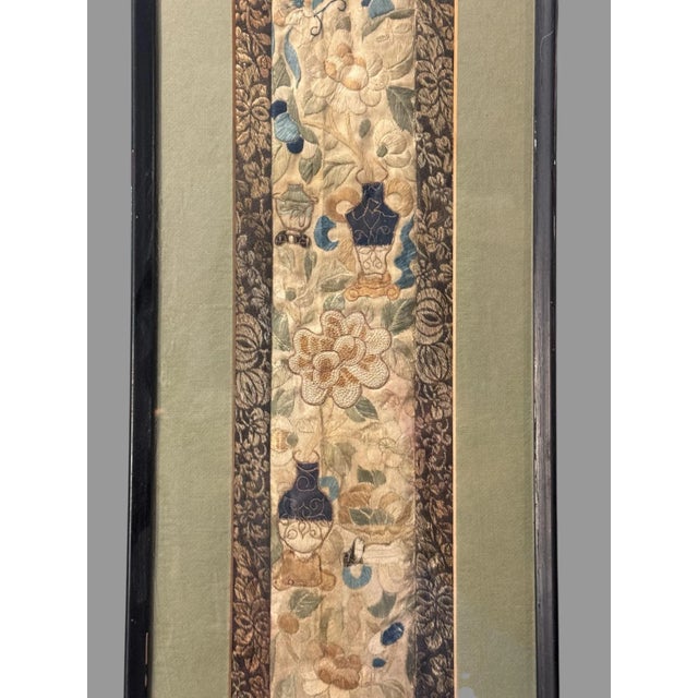 Chinese Antique Chinese Framed Silk Embroidery Panel With Flowers Vases & Butterflies For Sale - Image 3 of 6