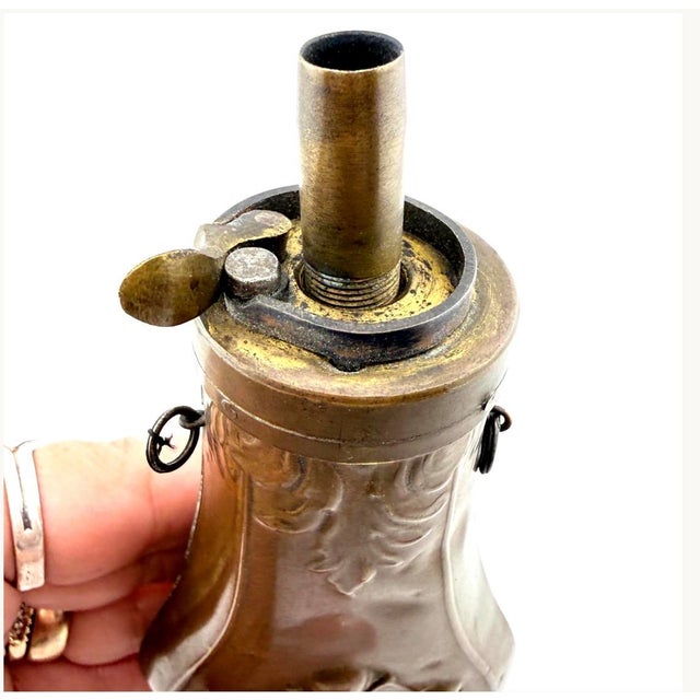 Antique 19th-Century Copper and Brass Powder Flask With Embossed Shell Motif, Civil War Era Firearm and Militaria Collectible For Sale - Image 11 of 11