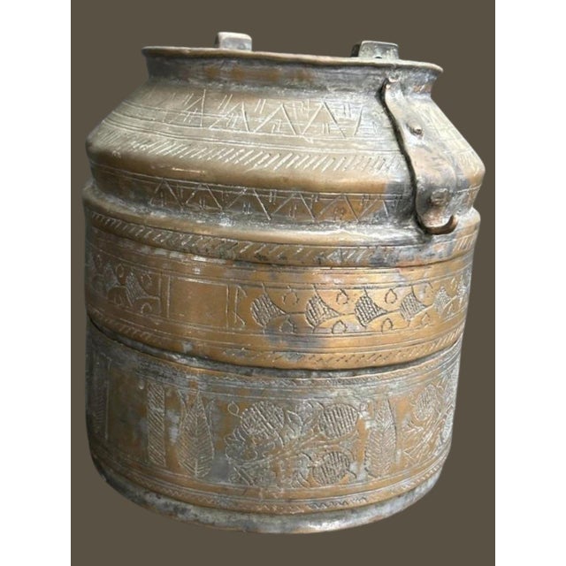 Antique Handcrafted Turkish Copper Lunch Pail With Ornate Etchings For Sale - Image 4 of 7