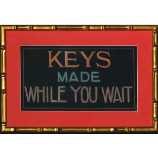 "Keys Made While You Wait" Pastel & Gouache Original Sign in Gilt Bamboo Frame For Sale