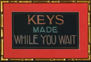 "Keys Made While You Wait" Pastel & Gouache Original Sign in Gilt Bamboo Frame