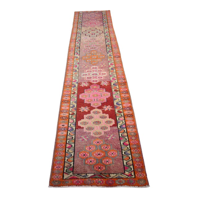 1970s Hand Knotted Pink and Orange Runner For Sale