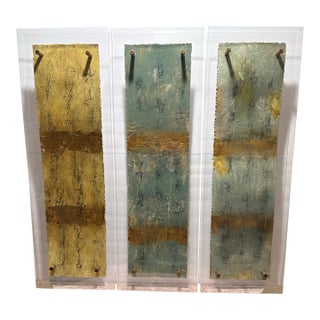 Michelle Youell Original Mixed-Media Abstract Triptych Panel Paintings in Acrylic Float Frames-3 Panels For Sale
