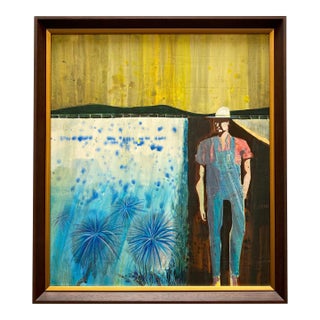 Paul Bowen Vintage 1990's Provincetown Modernist " Untitled Blue Trees " Original Signed Framed Mixed Media Painting For Sale