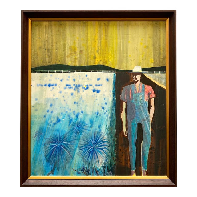 Paul Bowen Vintage 1990's Provincetown Modernist " Untitled Blue Trees " Original Signed Framed Mixed Media Painting For Sale