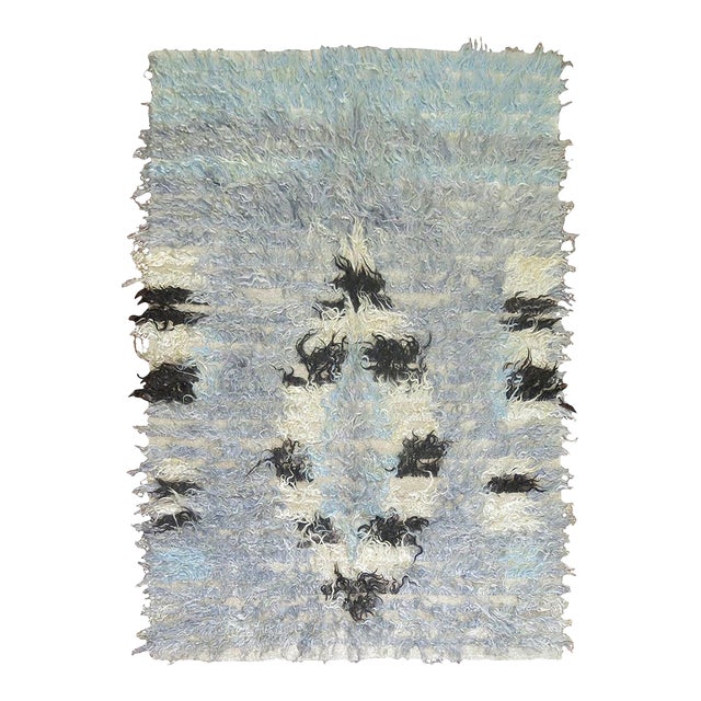 Powder Blue Abstract Vintage Turkish Tulu Mid-20th Century Shag Rug - 4'11" x 7' For Sale