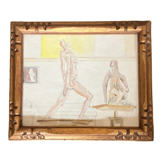 1970’s Original Vintage Watercolor Painting/Pencil Drawing Nude Studio Interior Vintage Carved Wood Frame For Sale