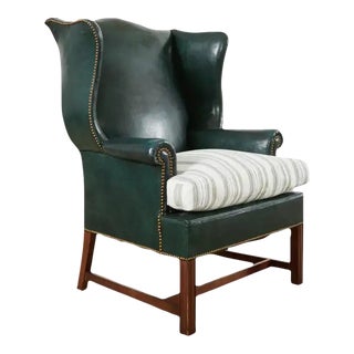 Georgian Style Mahogany Hunter Green Leather Wingback Chair For Sale