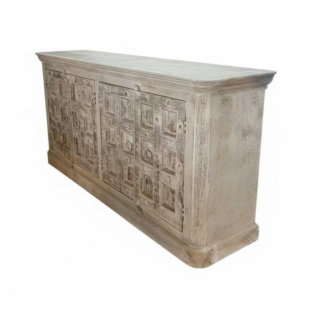 1980s 1980s Farmhouse Style Antique Door Repurposed 83" Long Distressed Gray Sideboard | Rustic Large Buffet Dining Room For Sale - Image 5 of 8