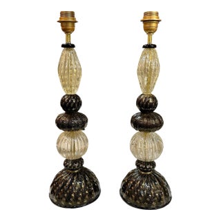 Pair of Modern Murano Glass Black and Gold Lamps For Sale