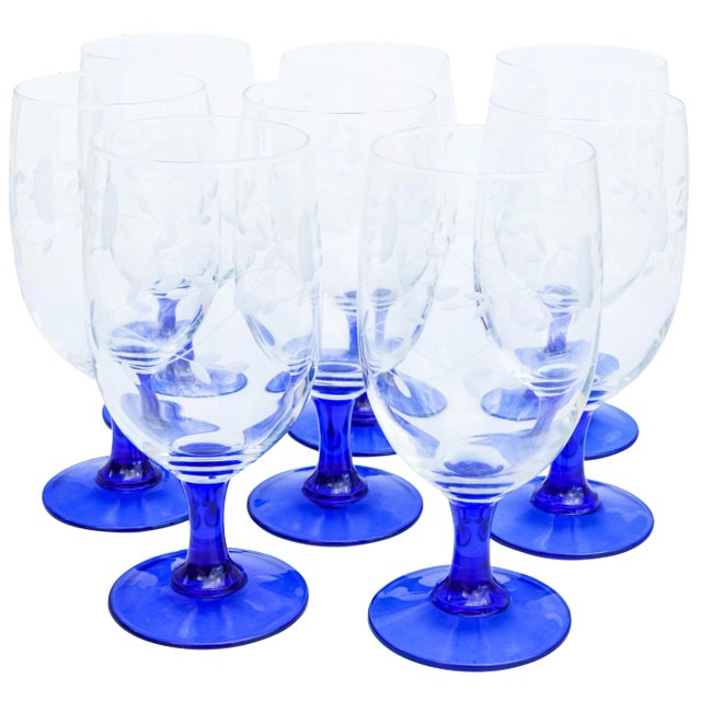 Mid 20th Century Floral-Pattern Blue Stem Glasses, S/8 For Sale