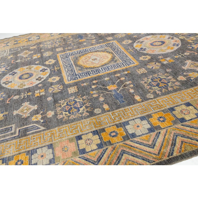 12x14 Modern Khotan Style Charcoal & Gold Handmade Wool Area Rug For Sale - Image 9 of 11