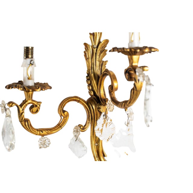 Gold Early 19th Century Louis XV Style Rococo Gilt Brass Mounted Rock Crystal Two-light Sconces - a Pair For Sale - Image 8 of 9