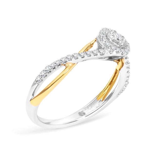Contemporary 14K Yellow Gold Plated .925 Sterling Silver 1/4 Cttw Diamond Bypass and Halo Promise Ring (I-J Color, I3 Clarity) - Ring Size 12 For Sale - Image 3 of 7