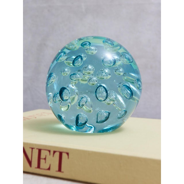 Late 20th Century Large Blown Glass Controlled Bubble Paperweight in Aqua For Sale - Image 5 of 9