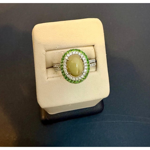 Metal 14k White Gold Diamond & Green Opal Chrome Diopside Cabochon Ring, 8 For Sale - Image 7 of 8