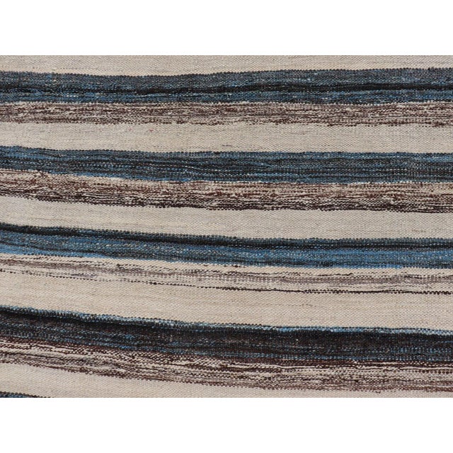 Flat-Weave Kilim Rug With Classic Stripe Design in Blue, Cream, Brown For Sale In Atlanta - Image 6 of 11