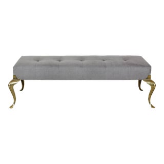 Mid-Century Brass Bench With Grey Velvet Cushion Top For Sale