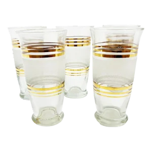 Mid Century Frosted Tumblers & Gold Stipe, Flared Rims Highball Glasses - 5 Pieces