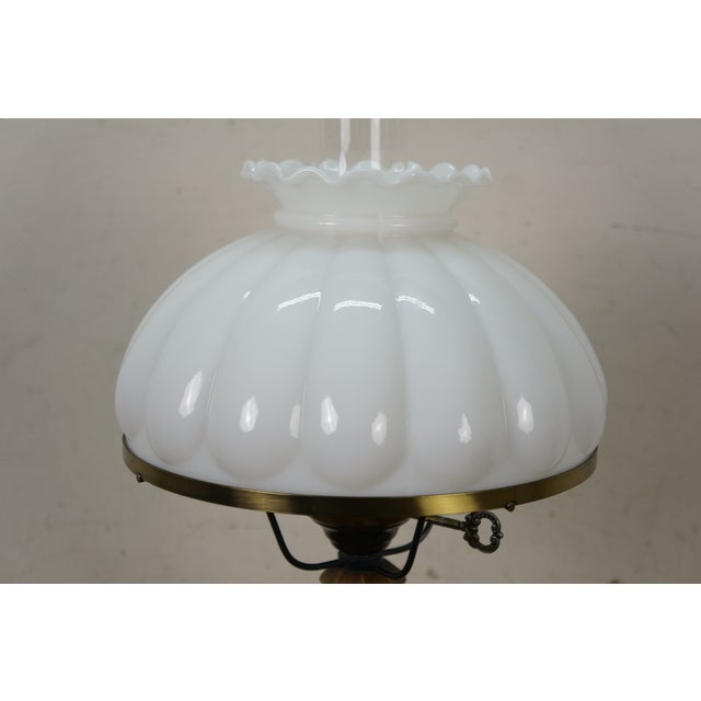 Vintage Pee Gee Milk Glass Shade Brass Wood Sinumbra Faux Oil Table Lamp 26" For Sale - Image 12 of 15