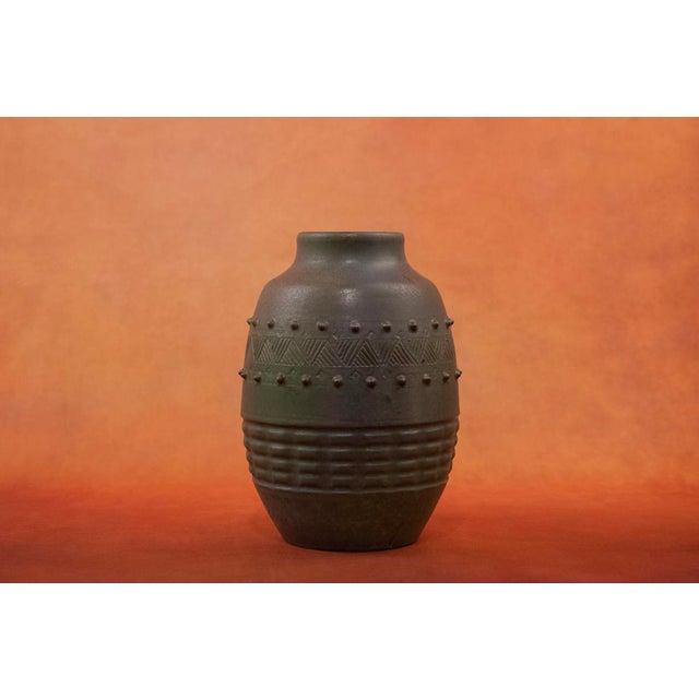 Art Deco Green Glazed Stoneware Vase with Incised Geometric Decor and Small Dots by Charles Gréber for Beauvais Manufactory, 1920s For Sale - Image 6 of 10