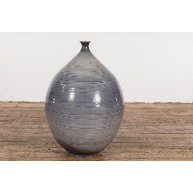 Prem Collection Hand Crafted Artisan Vase with Narrow Mouth and Blue Grey Glaze For Sale - Image 4 of 12