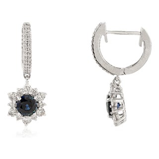 14k White Gold Diamond Cluster Flower Sapphire Drop Earrings for Her- 2 Pieces For Sale