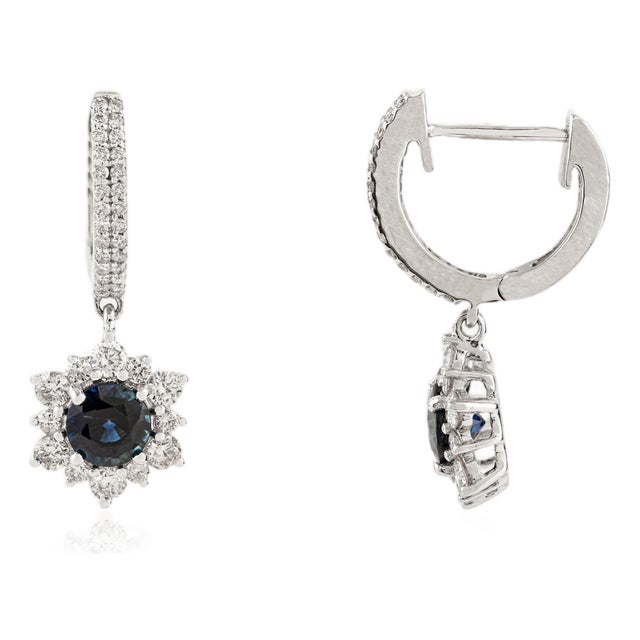 14k White Gold Diamond Cluster Flower Sapphire Drop Earrings for Her- 2 Pieces For Sale
