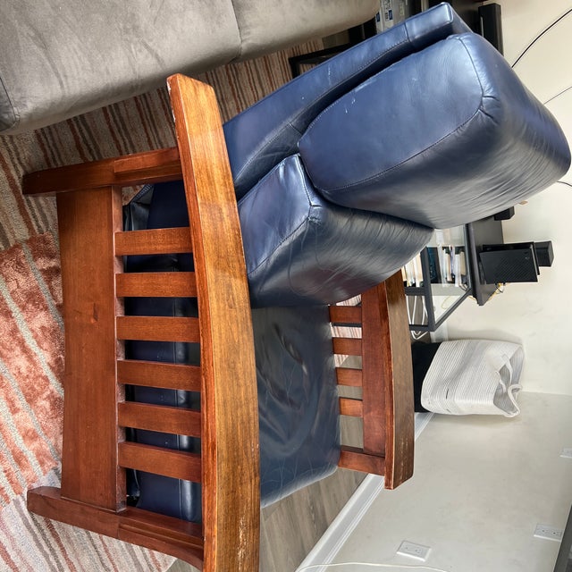 Ethan Allen Mission Style All Leather Blue Push Back Manual Recliner Chair Chairish