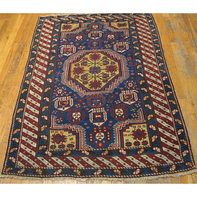 1920s Blue Geometric Antique Caucasian Rug 3'6" X 4'10" Handknotted Wool Carpet For Sale In New York - Image 6 of 6
