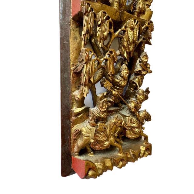 Wood Antique Chinese Gilt-Wood High-Relief Carved Wall Panel For Sale - Image 7 of 11