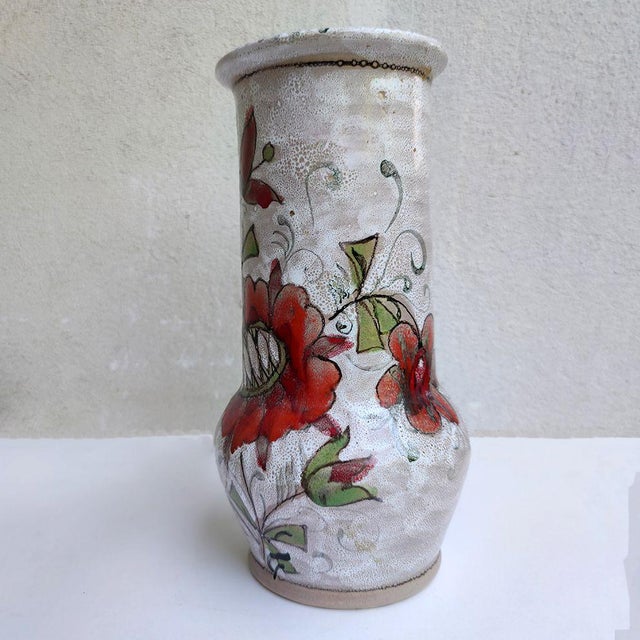 Elio Schiavon | Terracotta vase polychrome decoration to flowers on white base | H.cm. 27,5x13 | signed SCHIAVON This...