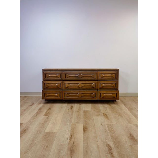 Vintage MCM Nine Drawer Dresser With Bowtie Inlay Retro Walnut Bedroom Storage For Sale In Tampa - Image 6 of 9