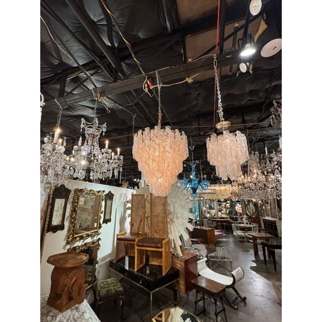 Modern Vintage Murano Clear and Blush Spiral Glass Waterfall Chandelier For Sale - Image 3 of 5