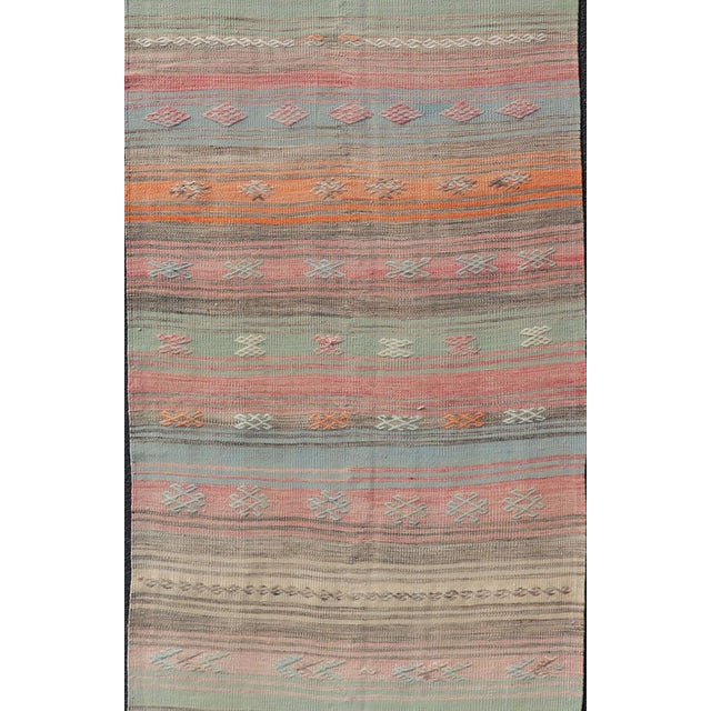 Measures: 3'2 x 9'7 Vintage Turkish Kilim Runner with Pastel Coral, Sage and Blue Stripes. Keivan Woven Arts /...