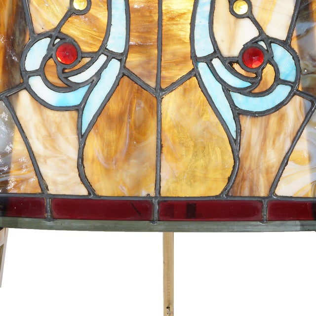 Wood Arts & Crafts Leaded Slag & Jeweled Stained Glass Window with Stylized Owl, Circa 1920 For Sale - Image 7 of 12