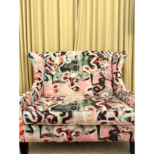 Pierre Frey 1990s High-Back Wingback Loveseat Upholstered in Street Diptyque Attributed to La Maison Pierre Frey For Sale - Image 4 of 7