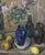 Pleasant and calming Swedish oil painting on a canvas of a vase with flowering pink camellia branch surrounded by bottles...