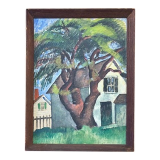 Folk Art Oil Painting - The Tree in Front of a House For Sale