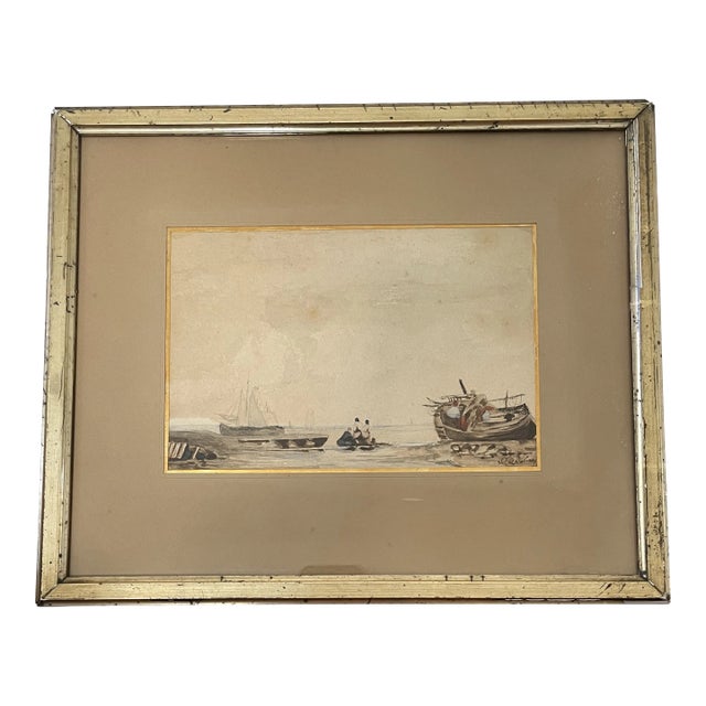 Circa 1900 "Low Tide" Maritime Scene Watercolor Painting, Framed For Sale