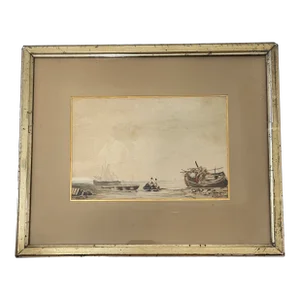 Circa 1900 "Low Tide" Maritime Scene Watercolor Painting, Framed