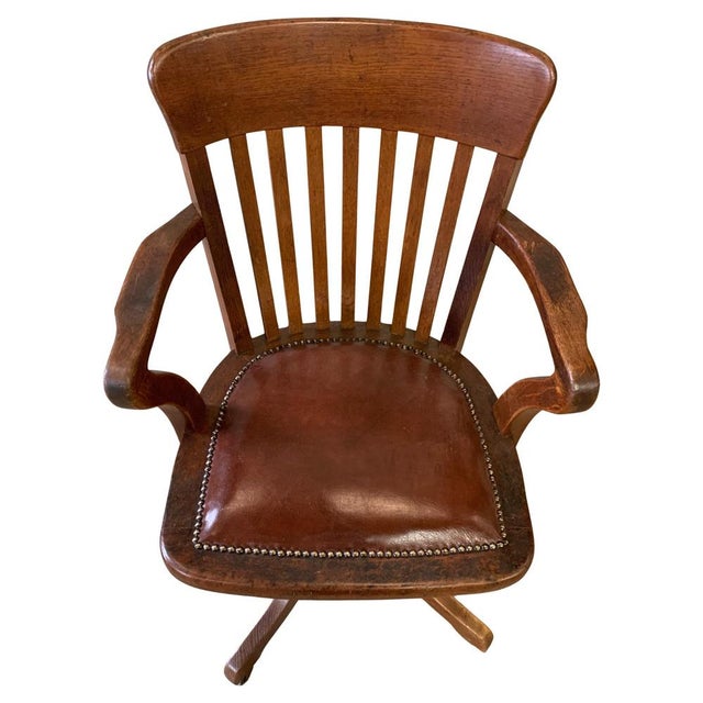 Early 20th Century Hillcrest Oak Rail Back Leather Revolving Desk Chair, 1890s For Sale - Image 5 of 10