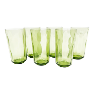 Mid Century Hazel Atlas Avocado Green Glass Thumbprint Large Tumbler Glasses - 6 Pieces
