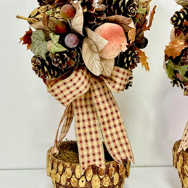 1980s Vintage Rustic Arts & Crafts Boho Chic Fall Mantel Centerpiece Topiaries - A Pair, Thanksgiving. For Sale - Image 6 of 16