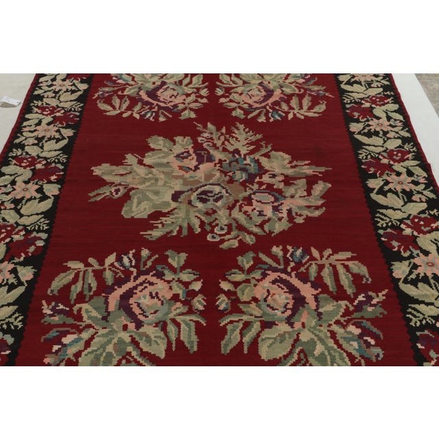 1950s Vintage Bessarabian Kilim in Red With Green and Pink Floral Patterns For Sale - Image 5 of 10