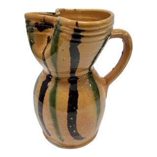 Large Antique Hand-Painted Ceramic Water Pitcher W. Handle. For Sale