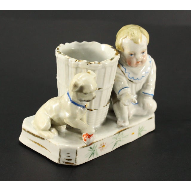 Victorian 1880's German Conta & Boehme Porcelain Match Holder & Striker Baby & Puppy For Sale - Image 3 of 11