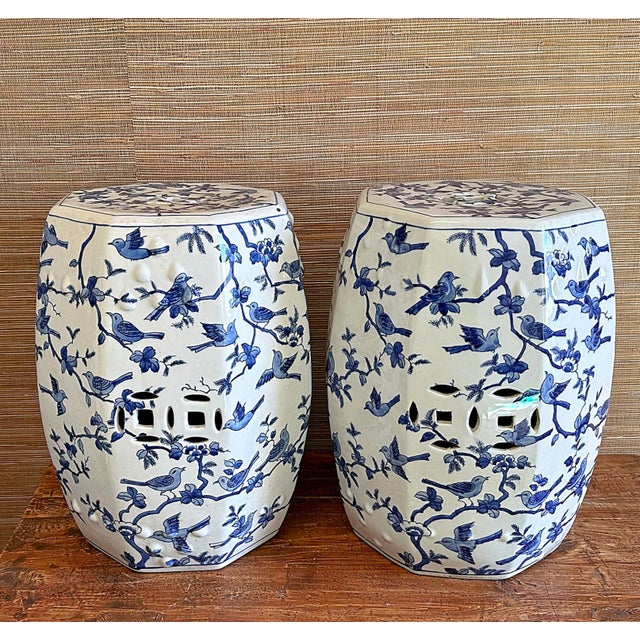 Chinoiserie Blue and White Petite Birds Porcelain Garden Stools - A Pair For Sale - Image 4 of 8