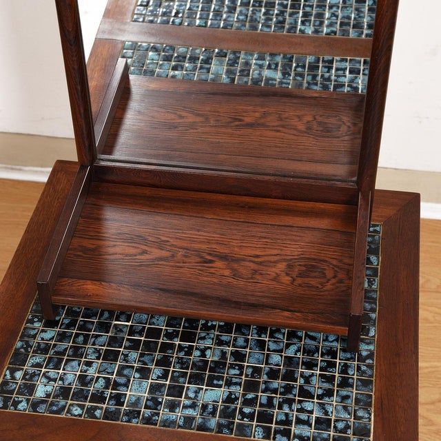 Oxblood Red Slim & Long Danish Modern Mirror in Rosewood With Shelf For Sale - Image 8 of 11