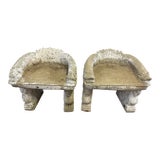 Curved Concrete Garden Seats With Acanthus Leaves and Animals -a Pair For Sale